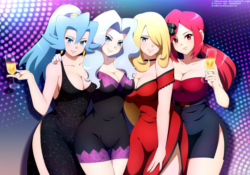4girls absurd_res alluring alternate_breast_size alternate_costume asymmetrical_docking bangs big_breasts black_choker black_dress blonde_hair blue_hair breasts choker clair clair_(pokemon) cleavage closed_mouth collarbone commentary creatures_(company) cup cynthia cynthia_(pokemon) dress earrings elite_four english_commentary eyelashes eyeshadow female female_gym_leader female_only female_pokemon_champion game_freak glass gym_leader hair_between_eyes hair_ornament hair_over_one_eye high_res holding holding_cup iharuluna jewelry karen_(pokemon) long_hair looking_at_viewer lorelei lorelei_(pokemon) makeup mature_female multiple_girls nintendo off-shoulder_dress off_shoulder parted_lips pokemon pokemon_(anime) pokemon_(game) pokemon_(manga) pokemon_bdsp pokemon_champion pokemon_dppt pokemon_frlg pokemon_gsc pokemon_hgss pokemon_lgpe ponytail red_dress red_eyes red_shirt shirt side_slit skirt smile strapless strapless_shirt
