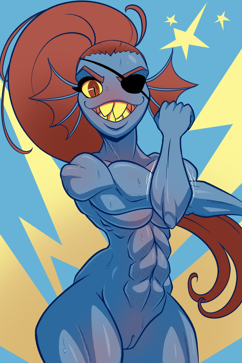 1girl 2020s 2023 2d 2d_(artwork) abs absurd_res anthro anthro_only blen_bodega blue_body blue_skin breasts digital_media_(artwork) ear_fins eye_patch eyepatch eyewear female_anthro female_only fins fish fish_girl genitals grin hair half-length_portrait head_fins high_res long_hair looking_at_viewer marine monster monster_girl muscular muscular_anthro muscular_female non-mammal_breasts nude one_eye_obstructed portrait pussy red_eyes red_hair sharp_teeth slit_pupils smile smiling_at_viewer solo_anthro solo_female two-tone_background two_tone_background undertale undertale_(series) undyne very_long_hair video_game_character video_games yellow_sclera yellow_teeth