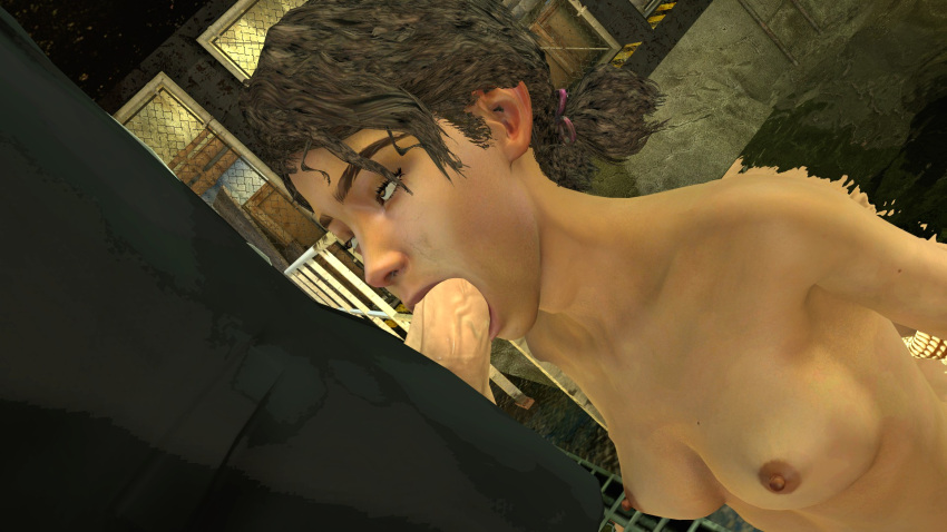 3d breasts brown_hair clementine_(the_walking_dead) closed_eyes dark-skinned_female erect_nipples gmod hungerfrenzy interracial large_penis light-skinned_male nipples nude_female nude_female_clothed_male oral oral_sex short_hair the_walking_dead the_walking_dead_game