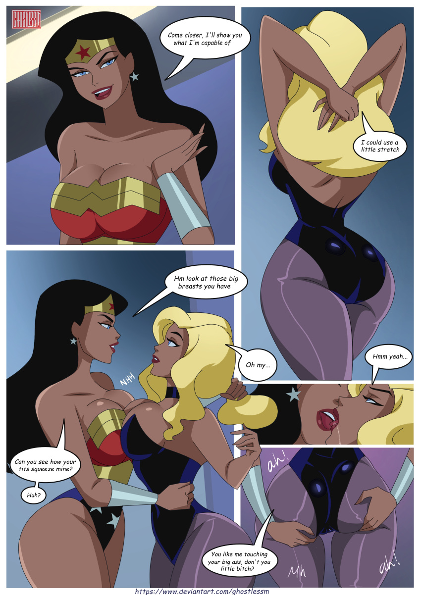 2_girls ass ass_grab big_ass big_breasts black_canary breasts clothed clothed_female comic comic_book_character dc_comics dcau diana_prince dinah_lance female_focus female_only ghostlessm high_res hot_workout justice_league_unlimited long_hair mature mature_female patreon patreon_paid patreon_reward superheroine tagme wonder_woman yuri