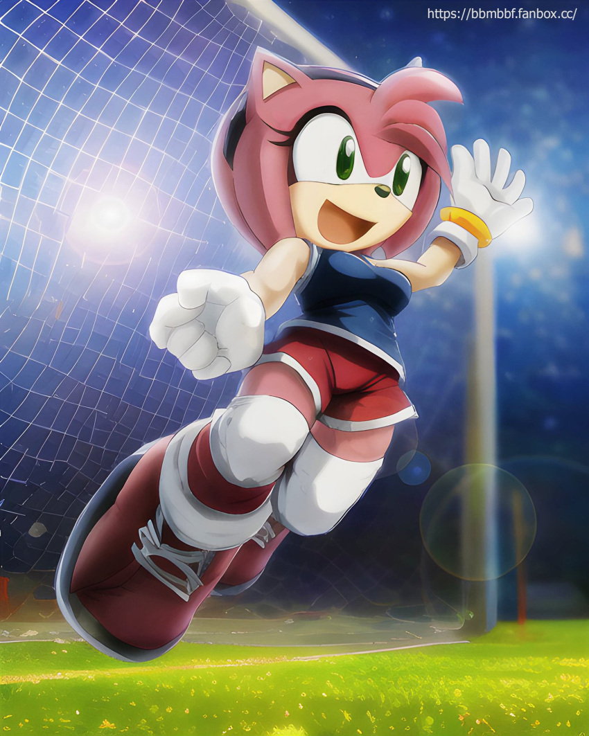 amy_rose bbmbbf green_eyes mobius_unleashed palcomix pink_fur soccer soccer_uniform sonic_the_hedgehog_(series)