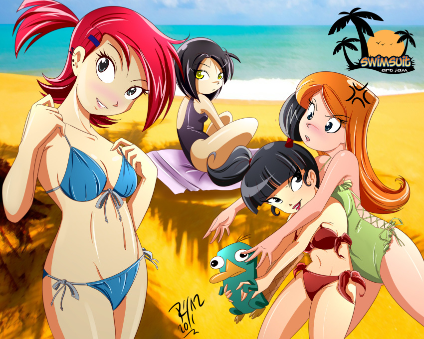 1boy 4girls angry beach bikini black_hair blanket breasts candace_flynn cleavage crossover disney el_tigre female foster's_home_for_imaginary_friends frankie_foster funny green_eyes kimiko_tohomiko male ocean one-piece_swimsuit orange_hair perry_the_platypus pet phineas_and_ferb platypus ponytail purple_hair red_hair shiny shiny_skin short_hair side-tie_bikini smile xiaolin_showdown yellow_eyes zoe_aves