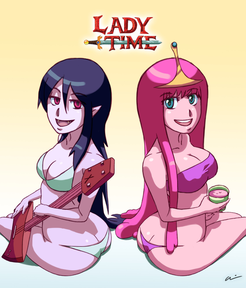2girls adventure_time ass ass_crack black_hair blue_eyes breasts bubble_butt cleavage cum drink guitar instrument long_hair marceline monster pink_hair pink_skin pointy_ears princess_bubblegum red_eyes shiny shiny_skin sitting smile vampire