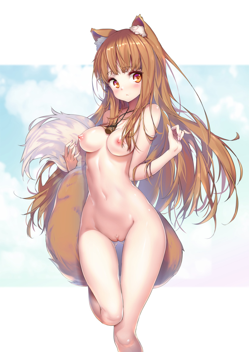 animal_ears bare_shoulders blush breasts brown_hair clitoris completely_nude completely_nude_female eyebrows eyebrows_visible_through_hair fingernails high_resolution holding holding_tail holo hong_(white_spider) jewelry large_filesize long_hair medium_breasts navel nipples nude open_mouth orange_eyes pendant pussy shiny shiny_hair shiny_skin spice_and_wolf tail uncensored very_high_resolution wolf_ears wolf_tail