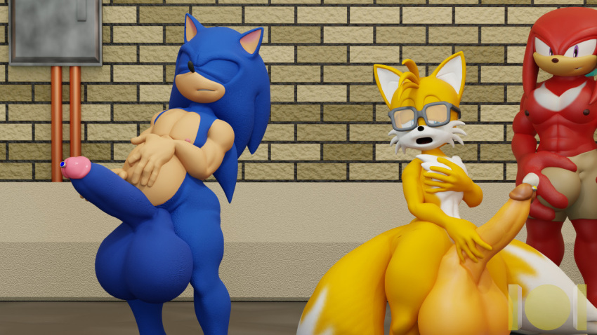 3boys 3d anthro echidna fox furry hedgehog knuckles_the_echidna miles_"tails"_prower nipples nude onehundredandone sega sonic_the_hedgehog sonic_the_hedgehog_(series) source_filmmaker tagme yaoi