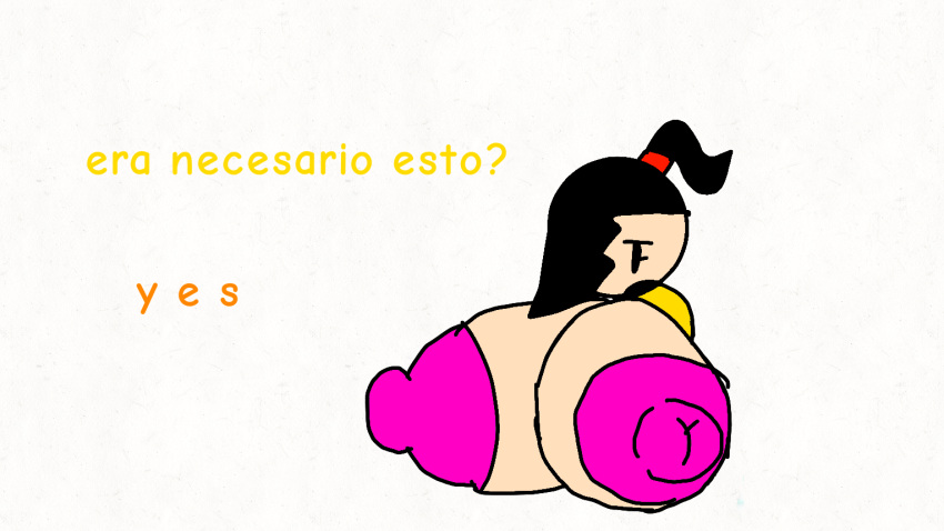 bad_anatomy bad_drawing_skills big_breasts black_hair bored breasts_out_of_clothes carla_(oc) english_text hiper's_desventure ponytail spanish_text white_background yellow_shirt