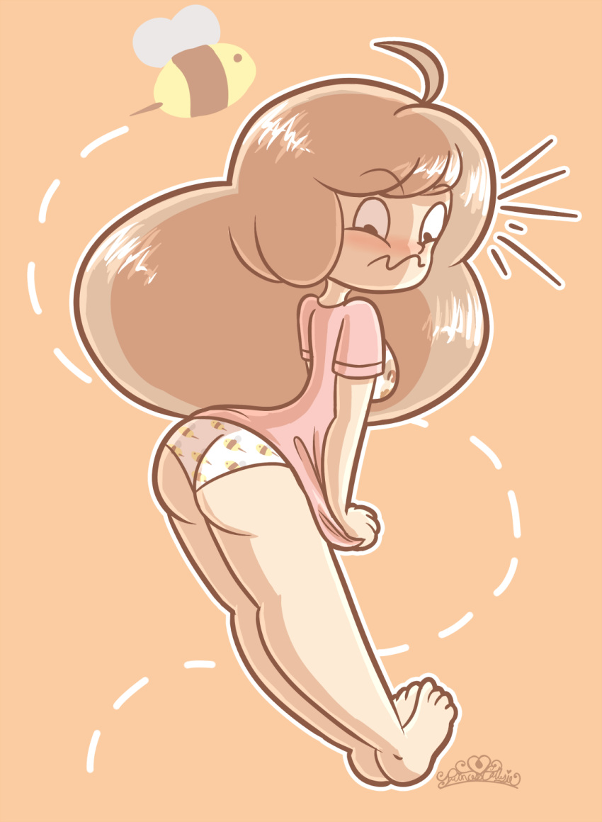 1girl ass bee bee_(bee_and_puppycat) bee_and_puppycat blush brown_hair embarrassing female_only long_hair looking_back looking_down panties princesscallyie printed_panties solo solo_female