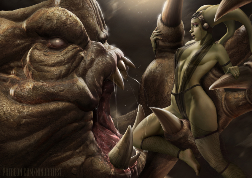 1girl alien female_alien imminent_vore mostly_nude ninjartist oola rancor return_of_the_jedi revealing_clothes size_difference star_wars tears twi'lek vore
