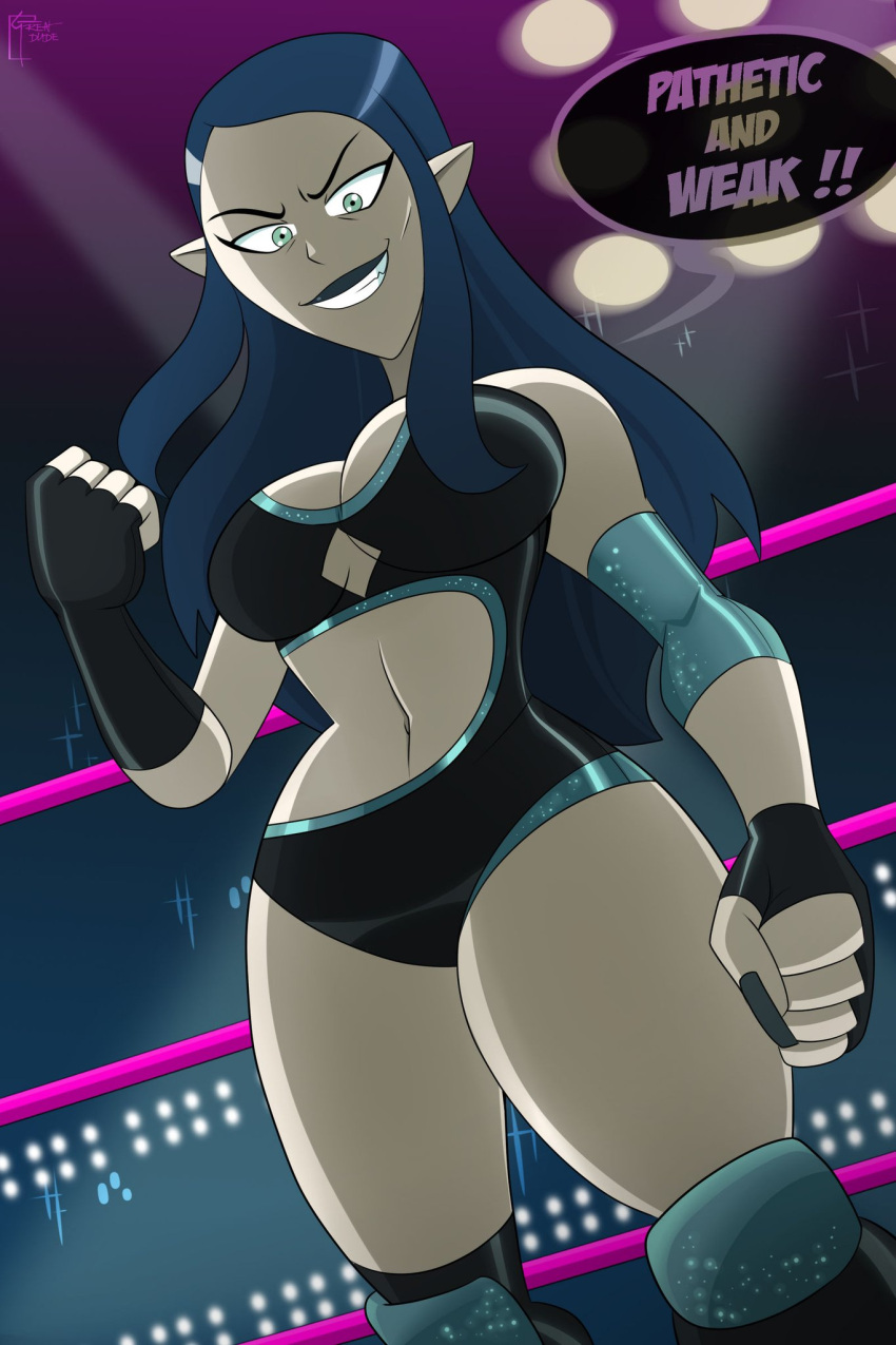 1girl big_breasts black_gloves blue_hair center_opening dialogue female_only femdom fingerless_gloves from_below great_dude grin knee_pads leotard lilith_clawthorne long_hair looking_at_viewer pale_skin pointy_ears smooth_skin solo_female speech_bubble the_owl_house wrestling_outfit wrestling_ring