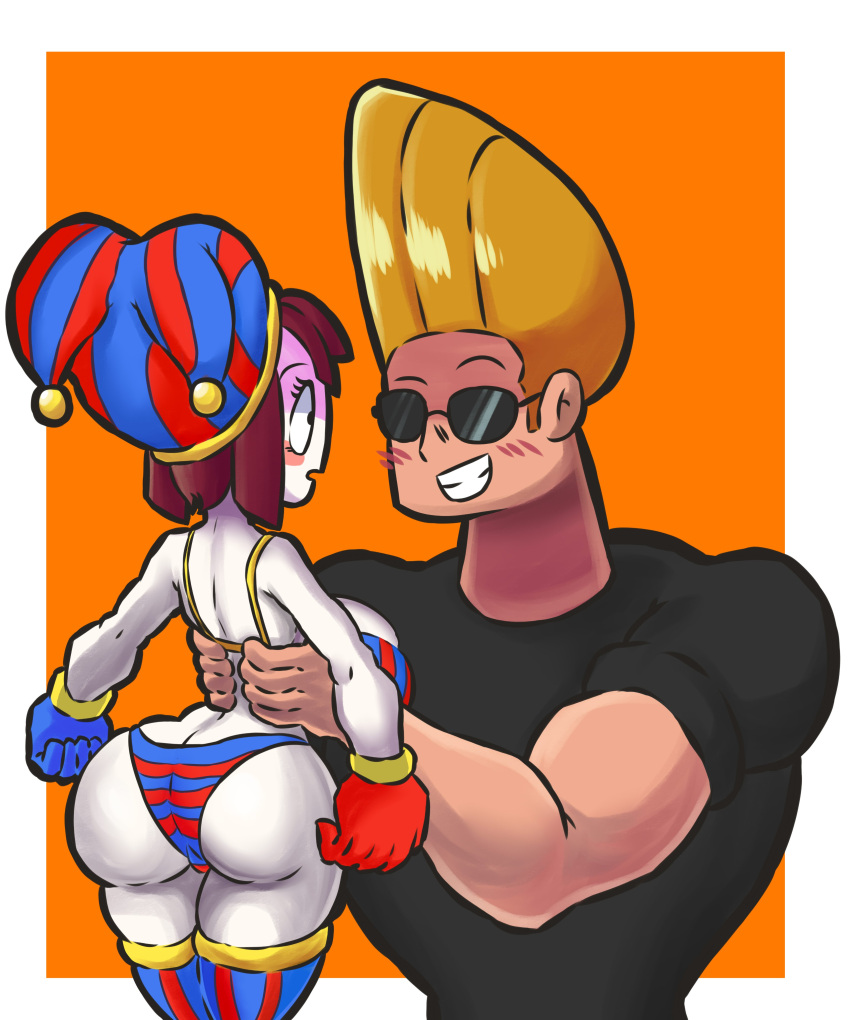 1boy 1girl ass big_ass big_breasts black_glasses black_shirt blonde_hair blush bra brown_hair cartoon_network crossover gloves grin holding_body jester jester_costume jester_hat jester_outfit johnny_bravo johnny_bravo_(character) larger_male lifting_person looking_at_each_other looking_at_partner lotikmac muscular orange_background panties pomni short_hair shortstack size_difference smaller_female tagme the_amazing_digital_circus thick_thighs thighs white_body white_border