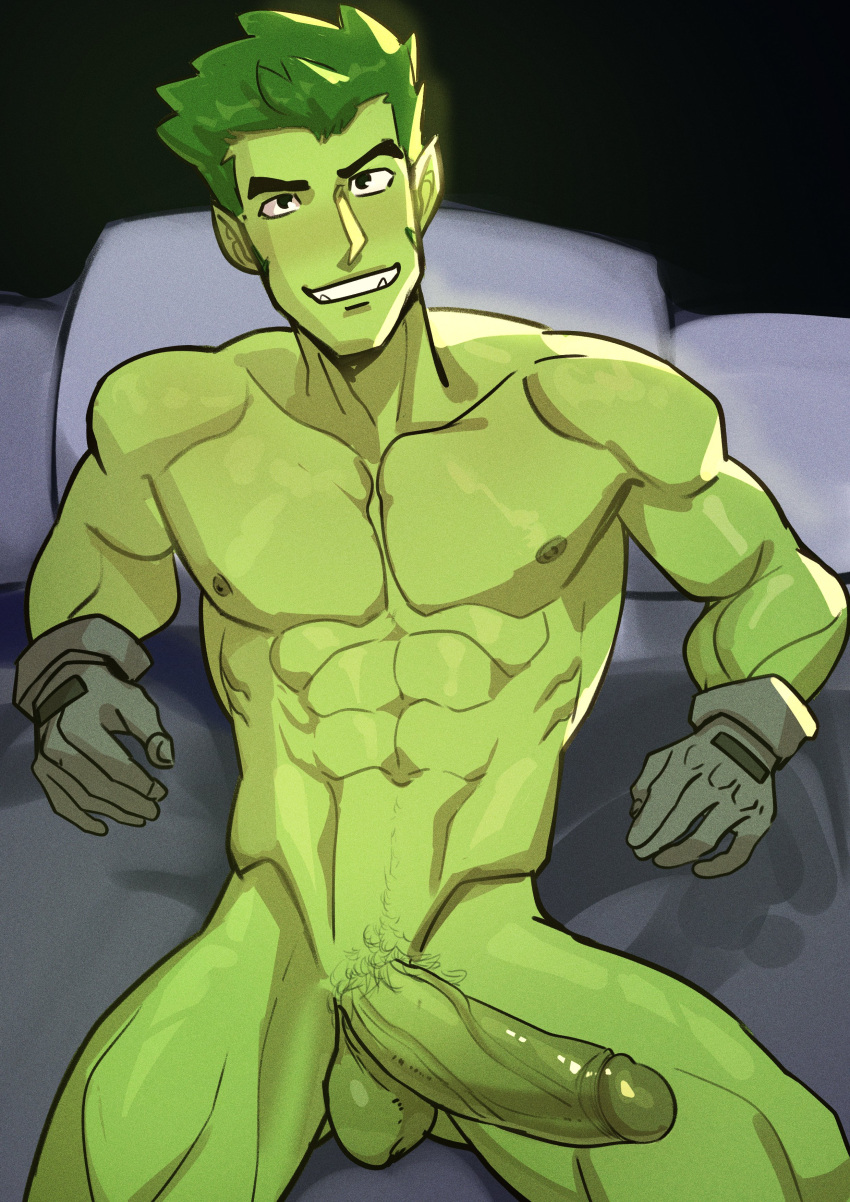 1boy abs aged_up balls beast_boy big_penis dc_comics erection garfield_logan gloves gloves_only green_body green_hair green_penis kaito_draws looking_up lying_on_back lying_on_bed male male_only muscular_arms muscular_male nude pecs penis pubic_hair serratus serratus_anterior solo teen_titans testicle v-line yaoi