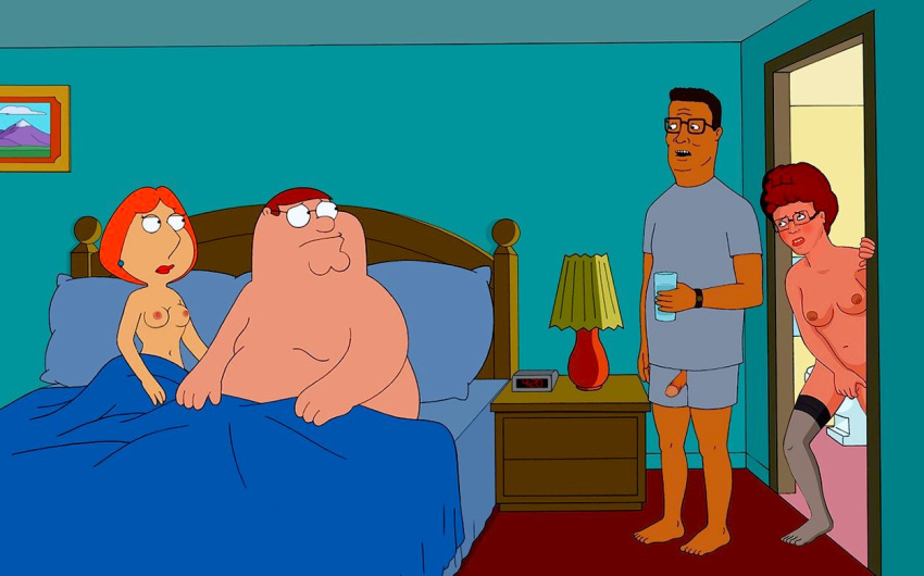 breasts crossover duchess_(artist) erect_nipples erect_penis family_guy glasses hand_on_pussy hank_hill king_of_the_hill lois_griffin peggy_hill peter_griffin stockings thighs