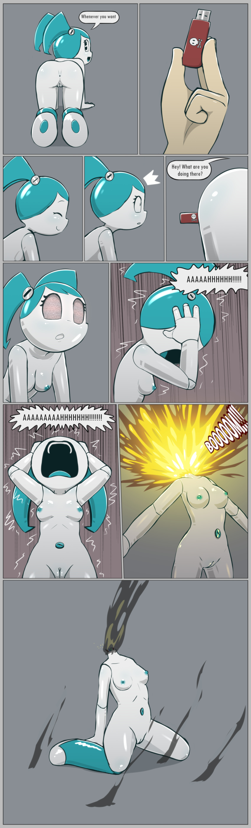 1girl anus areola ass blush border breasts comic comic_panel comics digital_media_(artwork) disembodied_hand duo e254e english_text genitals gore grey_border high_res humanoid jenny_wakeman kaboom lmao looking_at_viewer machine my_life_as_a_teenage_robot nickelodeon nipples open_mouth penetration pussy rear_view robot smooth_skin snuff text usb vaginal_penetration white_body