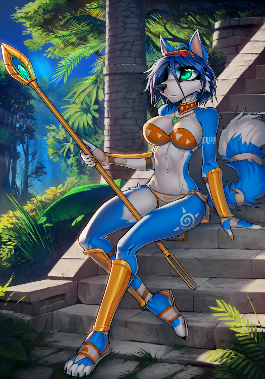 1girl accessory alluring ankle_wraps anthro arm_bracers armband armlet athletic_female big_breasts blue_body blue_fur blue_hair bottomwear bra breasts canid canine choker cleavage clothed clothing dusk evening fangs female_abs female_only fit_female fluffy_tail footwear forest fox fur fur_markings gem green_eyes hair hand_wraps headband jewelry jungle krystal krystal's_staff leg_braces lingerie loincloth macmegagerc mammal markings necklace nintendo overgrown palm_tree plant sandals shin_guards short_hair sitting soft_lighting star_fox strapless_bra strapless_clothing strapless_underwear tail teeth temple tree underwear white_body white_fur wraps