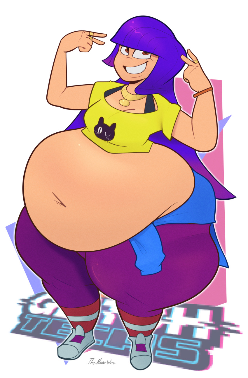 1girl bare_belly bbw big_ass big_belly crop_top fat_ass glitch_techs miko_kubota obese plump smug theneverwere thick_thighs