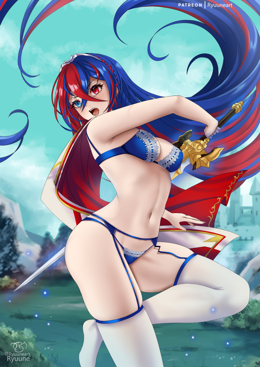 1girl alear_(female)_(fire_emblem) alear_(fire_emblem) alluring bare_arms bare_shoulders blue_bra blue_eyes blue_hair blue_panties blue_sky bra commentary day female_only fire_emblem fire_emblem_engage heterochromia high_res holding holding_sword holding_weapon liberation_(fire_emblem) long_hair medium_breasts multicolored_hair nintendo open_mouth outside panties red_eyes red_hair ryuuneart split-color_hair stockings sword underwear underwear_only very_long_hair weapon white_thighhighs