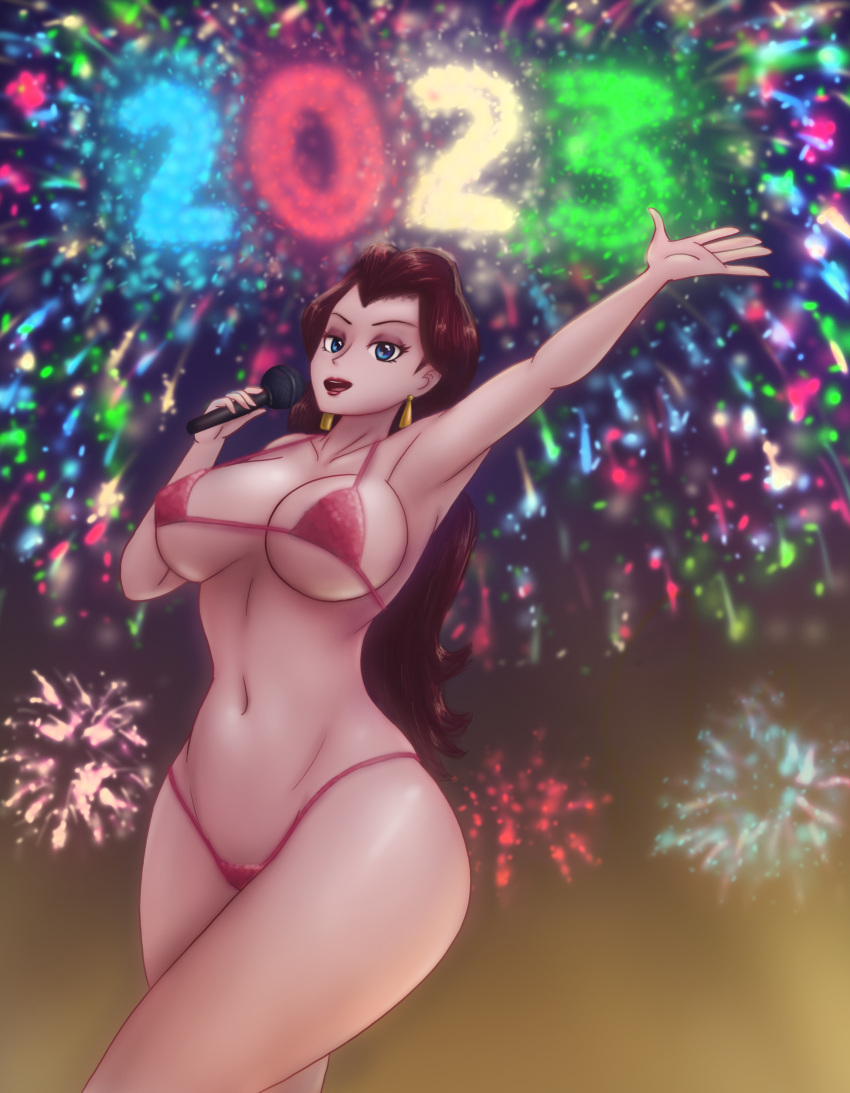 1girl 2023 big_breasts blue_eyes breasts brown_hair brunette earrings eyeshadow female_only fireworks fitness half-closed_eyes happy_new_year huge_breasts light-skinned_female light_skin lips lipstick long_hair mario_(series) microphone new_year new_year_2023 night nintendo pauline pauline_(mario) purple_eyebrows pussy red_bikini red_lipstick safartworks singing stockings thighs video_game_character video_games voluptuous