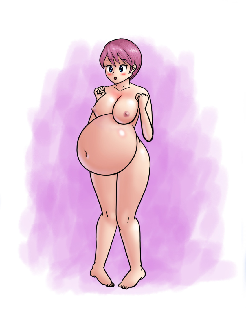 1female 1girl arms_under_breasts barefoot belly_expansion belly_stuffing blue_eyes blue_shorts completely_naked completely_naked_female completely_nude completely_nude_female female_human female_only fitness full_body humanized kirby kirby_(series) light-skinned_female light_skin naked_female nintendo nude nude_female pink_hair saf-404 saf_404 safartwoks safartworks short_hair sideboob solo_female solo_focus thick_thighs video_game_character white_background worried worried_expression