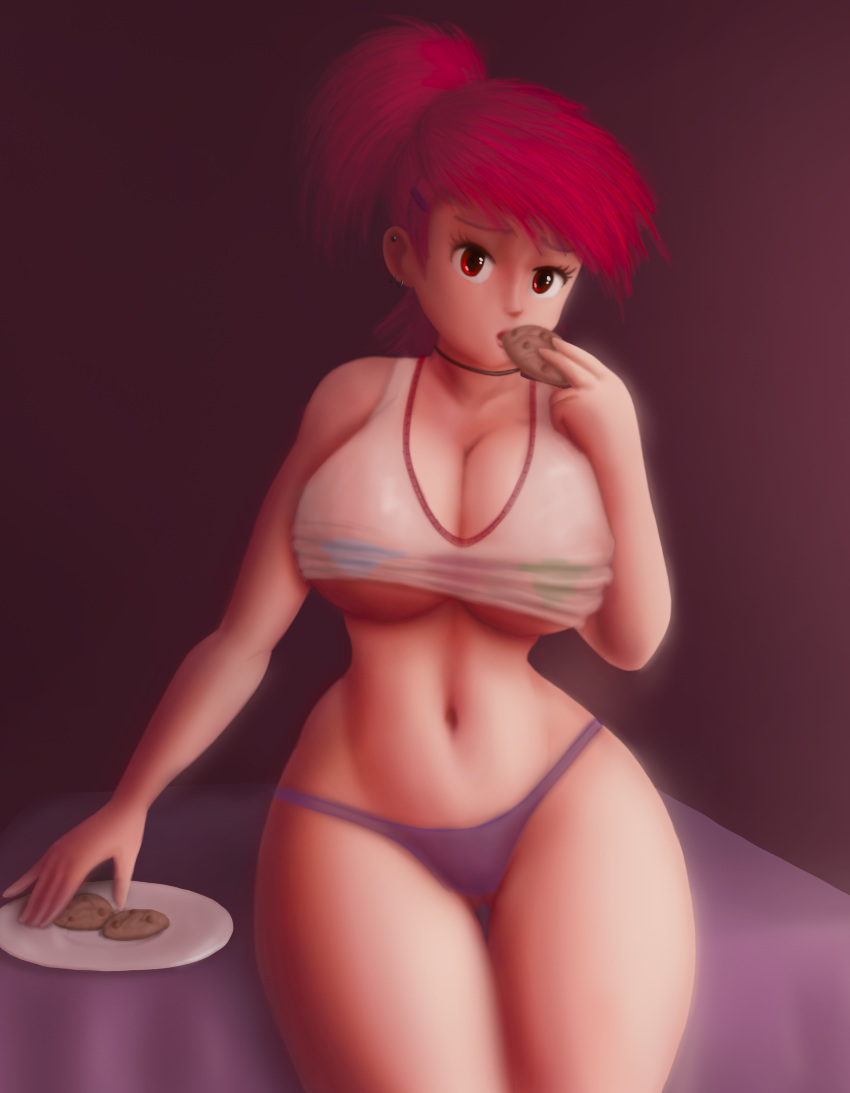 1female 1girl bare_legs bare_thighs belly cartoon_network cleavage cookie eating female_focus female_only foster's_home_for_imaginary_friends frankie_foster looking_at_viewer no_pants older older_female panties ponytail purple_panties red_background red_eyes red_hair saf-404 safartwoks safartworks sitting sitting_on_bed thick_thighs thin_waist under_boob underwear voluptuous wide_hips young_adult young_adult_female young_adult_woman