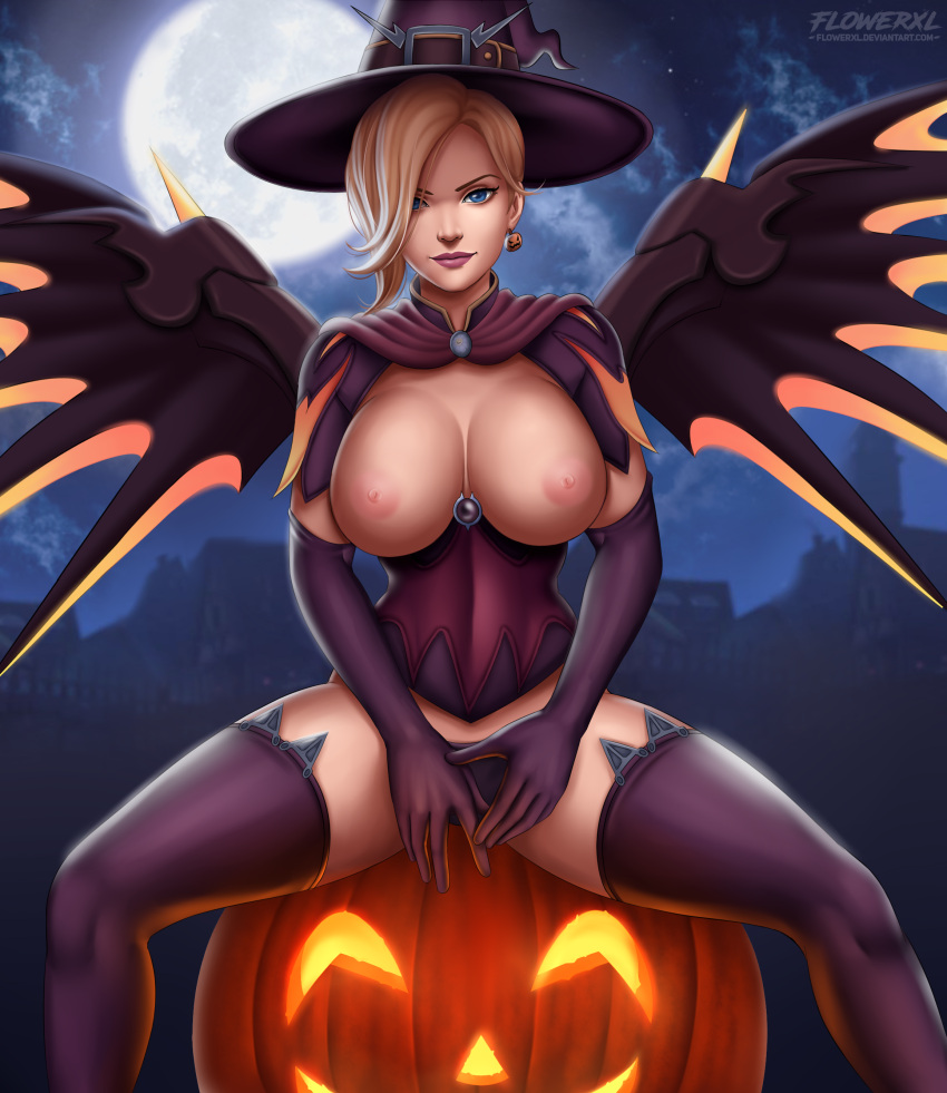 1girl absurd_res alternate_costume big_breasts blonde_hair blue_eyes breasts city_background cleavage female_only femoral_only flowerxl halloween hat high_res jack-o'-lantern mercy_(overwatch) moonlight night nipples overwatch panties purple_lips spread_legs stockings topless topless_female underwear video_game_character wings_through_clothes witch witch_hat witch_mercy