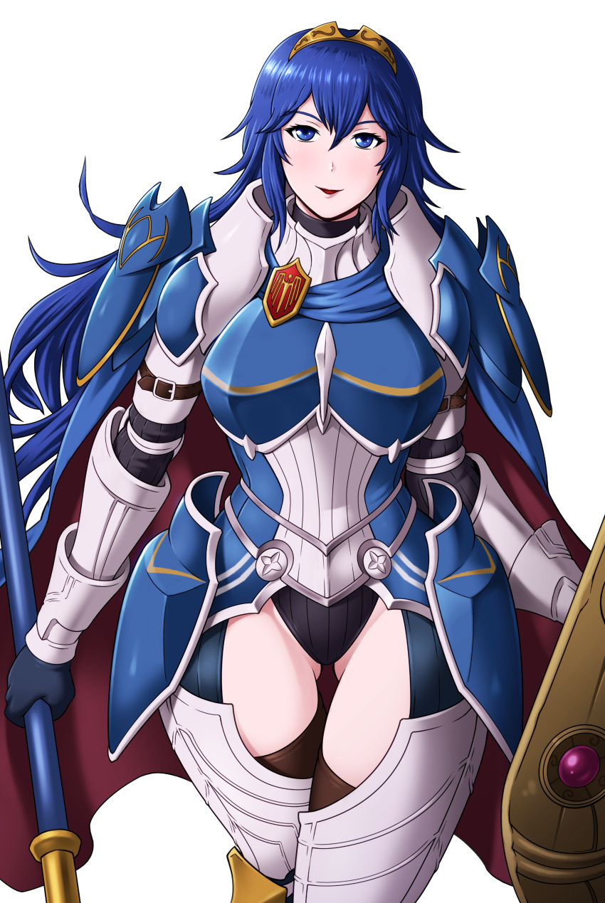 1girl 1girl 1girl absurd_res alluring alternate_costume armor armored_boots ass_visible_through_thighs bare_thighs black_leotard black_panties blue_eyes blue_hair boots cape cowboy_shot female_only fire_emblem fire_emblem_awakening fire_emblem_heroes hair_between_eyes high_res highleg highleg_leotard holding holding_shield holding_weapon inner_thighs leotard long_hair looking_at_viewer lucina lucina_(fate's_resolve)_(fire_emblem) lucina_(fire_emblem) nintendo official_alternate_costume panties rakusai_(saisai_garou) shield shoulder_armor simple_background smile stockings thick_thighs thighs tiara underwear weapon white_background
