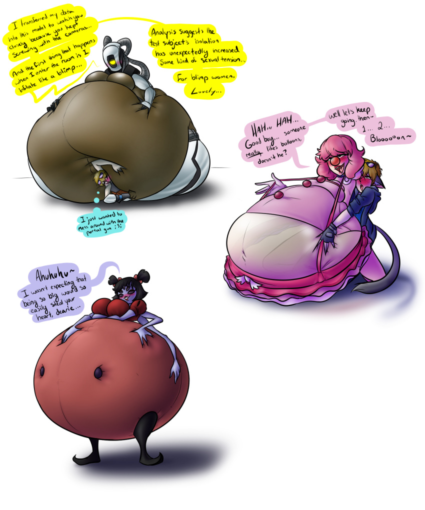 1girl 3_girls belly belly_expansion belly_inflation bigger_female body_inflation clown_girl dominant_female flirting glados inflation muffet portal portal_(series) sex sitting_on_lap sitting_on_person size_difference smaller_male submissive_male tease undertale