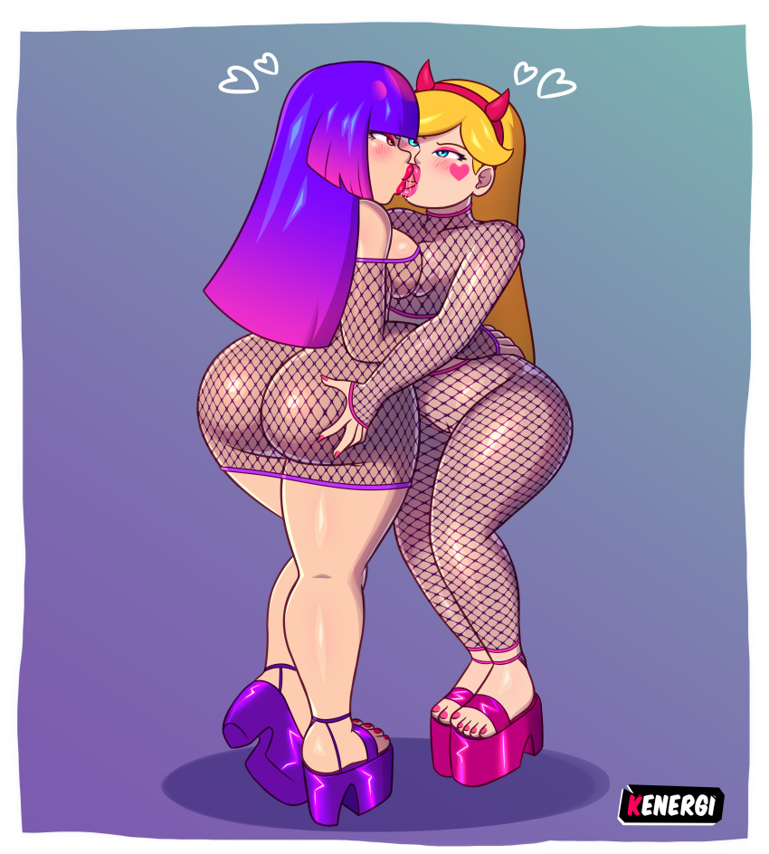 1girl 2_girls ass ass_grab big_ass big_ass blonde_hair bottomless disney disney_channel female_only fishnets glitch_techs high_heels kenergi kissing lesbian_kiss miko_kubota nickelodeon purple_hair shiny_skin small_breasts star_butterfly star_vs_the_forces_of_evil stockings thick_ass thick_thighs thighs two_tone_hair yuri yuri