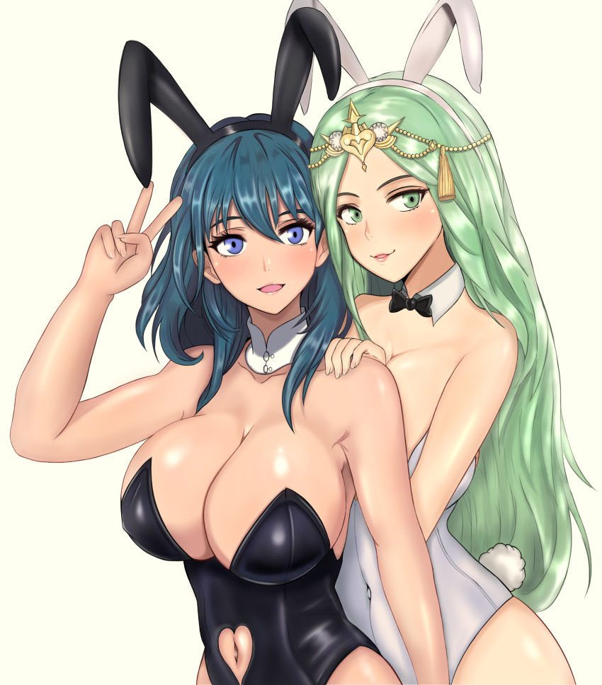 2_girls absurd_res alluring alternate_costume animal_ears big_breasts black_bow black_bowtie black_leotard blue_eyes blush bow bowtie bunny_ears bunny_girl bunnysuit byleth_(female)_(fire_emblem) byleth_(fire_emblem) byleth_(fire_emblem)_(female) cleavage collarbone fake_animal_ears fake_tail female_only fire_emblem fire_emblem:_three_houses green_eyes green_hair hairband hand_on_another's_shoulder high_res leotard long_hair looking_at_viewer mali-sa medium_breasts medium_hair multiple_girls nintendo open_mouth parted_lips playboy_bunny rabbit_ears rabbit_tail rhea_(fire_emblem) simple_background smile tail teal_hair v white_background white_leotard
