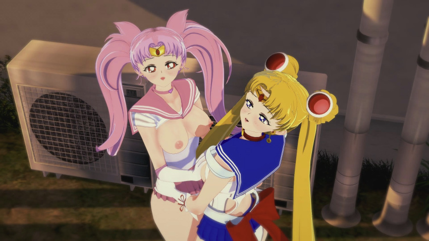 2_girls 2girls 3d aged_up anime bishoujo_senshi_sailor_moon blonde blonde_hair blush breast_grab breasts chibi_usa cosplay costume female_only hand_on_breasts hentai incest koikatu_center light-skinned_female light_skin looking_at_partner looking_at_viewer looking_pleasured medium_breasts mother_&amp;_daughter nipples open_eyes outside partially_clothed pink_hair red_eyes sailor_chibi_moon sailor_moon sailor_uniform standing tsukino_usagi usagi_tsukino yuri