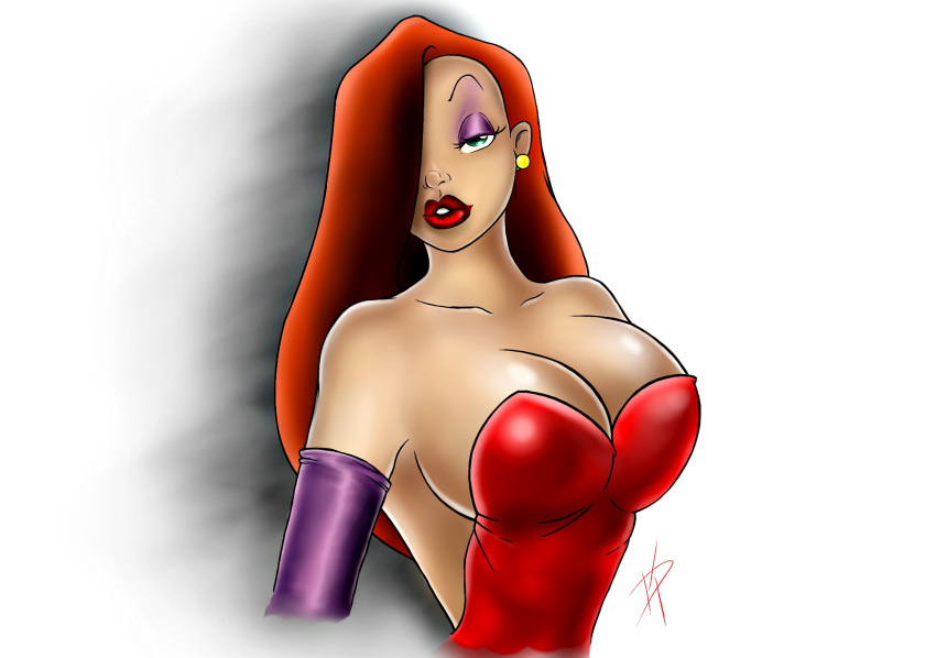 arm_gloves babe big_breasts breasts cleavage disney dress ear_rings female green_eyes hair jessica_rabbit lipstick red_hair white_background who_framed_roger_rabbit woman