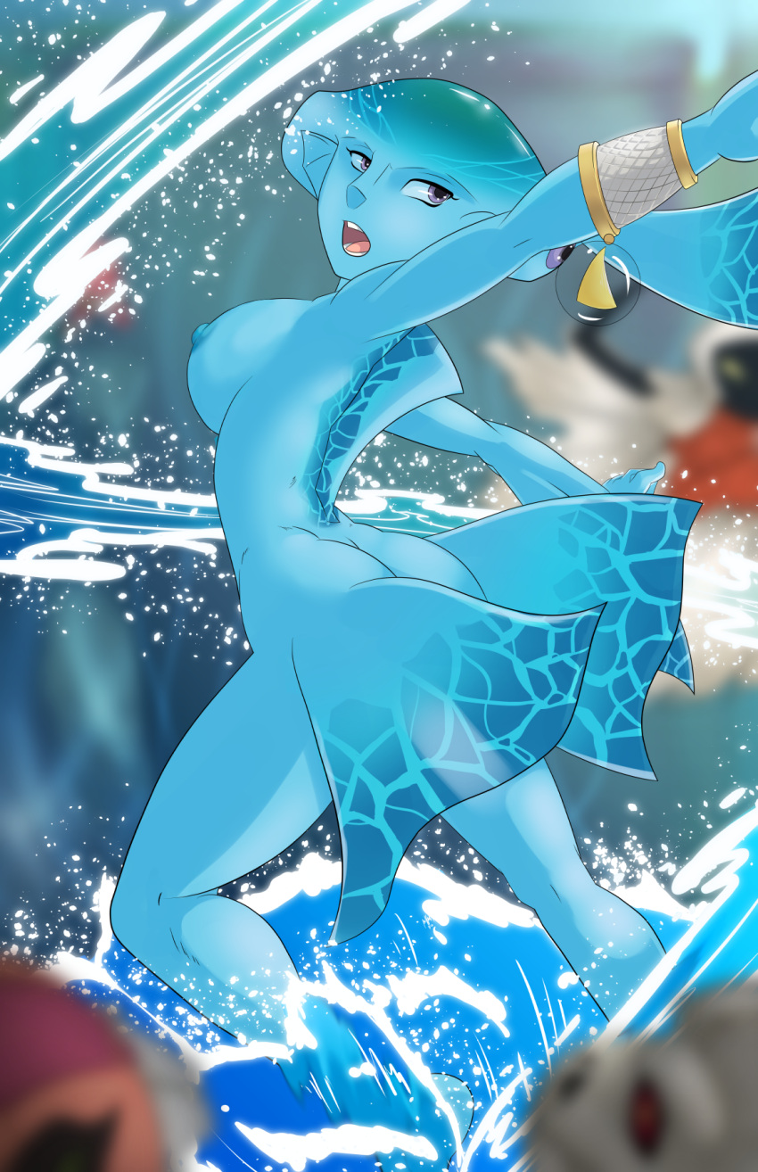 1girl 1girl alluring ass blue_skin bubble colored_skin completely_nude earrings fish fish_girl full_body high_res jewelry nintendo nipples nude princess_ruto sideboob the_legend_of_zelda the_legend_of_zelda:_ocarina_of_time third-party_edit unicornlord water zora