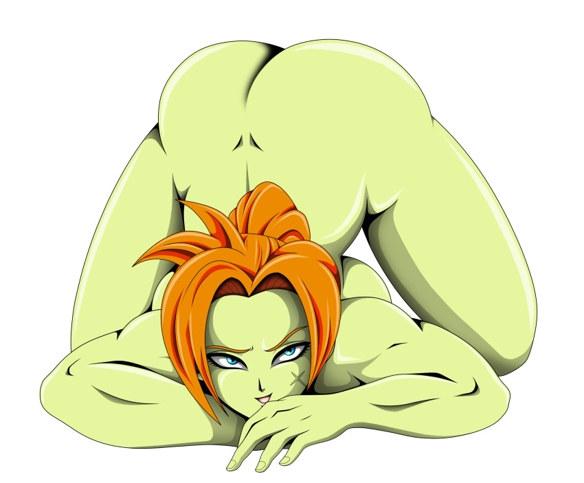 1girl arched_back ass_up back_arched cute_smile dragon_ball_xenoverse_2 female_only green_skin laying_on_stomach muscular paragonia scar solo_female xenoverse_2