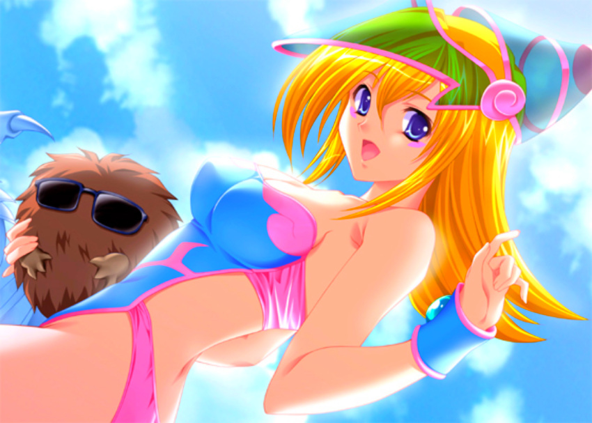 1girl :d back bangs bare_shoulders big_breasts blonde_hair blue-eyes_white_dragon blue_eyes breasts brown_fur casual_one-piece_swimsuit circle_epion cleavage cloud creature dark_magician_girl day dragon duel_monster dutch_angle facial_mark fingernails gem hat holding kuriboh long_fingernails long_hair looking_at_viewer looking_back monster one-piece_swimsuit open_mouth outside pointing profile see-through sky smile standing sunglasses swimsuit wizard_hat wristband yu-gi-oh! yu-gi-oh!_duel_monsters