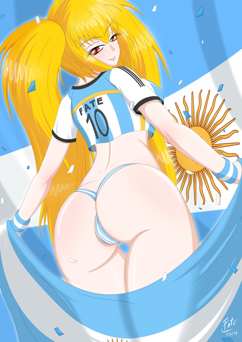 1girl argentina argentina_flag argentina_panties argentina_shirt fatelogic female female_only finale mascot solo_female world_cup