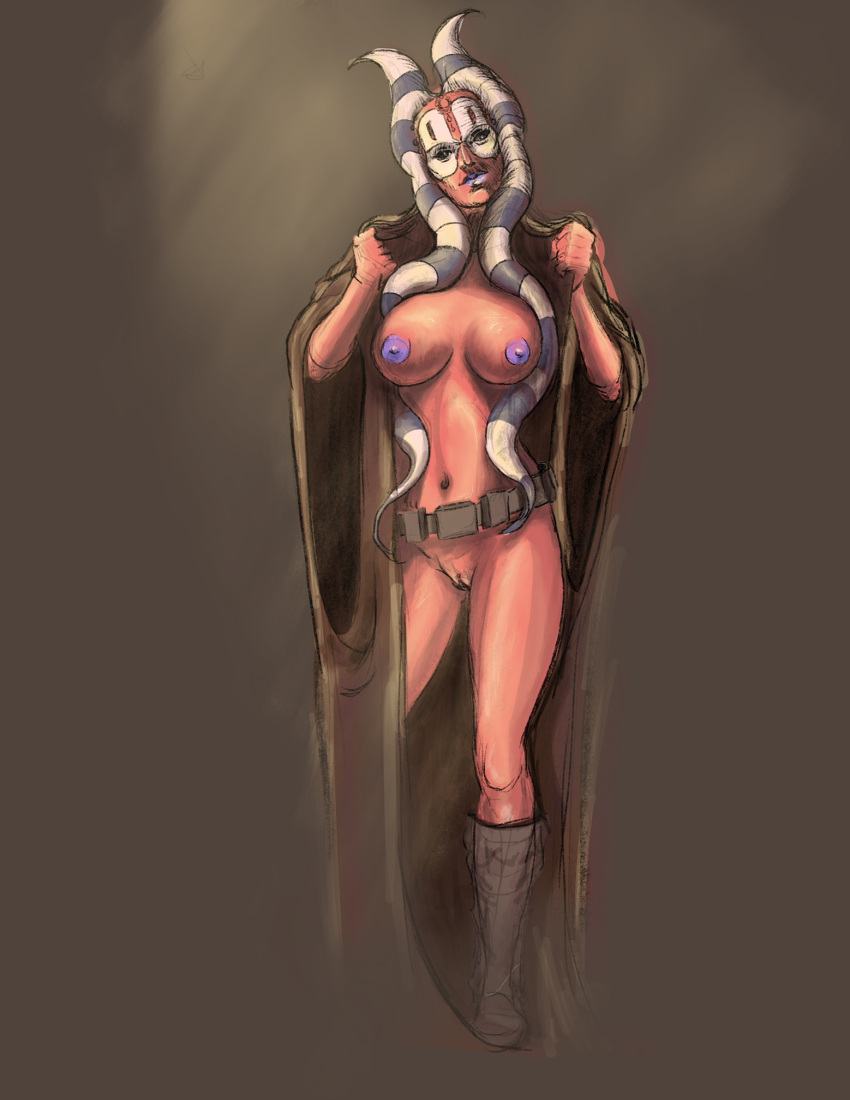 1girl alien boots breasts female female_alien female_only jedi mostly_nude no_bra no_panties orange_skin pussy shaak_ti solo standing star_wars togruta