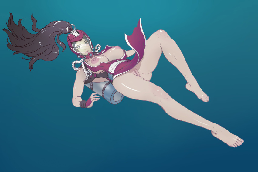 1girl 1girl 1girl 3:2_aspect_ratio adapted_costume areola armor bangs barefoot big_breasts breasts breasts_out_of_clothes brown_eyes brown_hair clitoris diving_helmet fatal_fury feet full_body hair_ornament hair_ribbon helmet high_ponytail high_resolution king_of_fighters kote kupocun large_areolae legs lips long_hair looking_at_viewer ninja nipples no_bra nopan parted_bangs pelvic_curtain pussy revealing_clothes ribbon rope samurai_armor scuba_tank shimenawa shiny shiny_skin shiranui_mai toes uncensored underwater very_long_hair