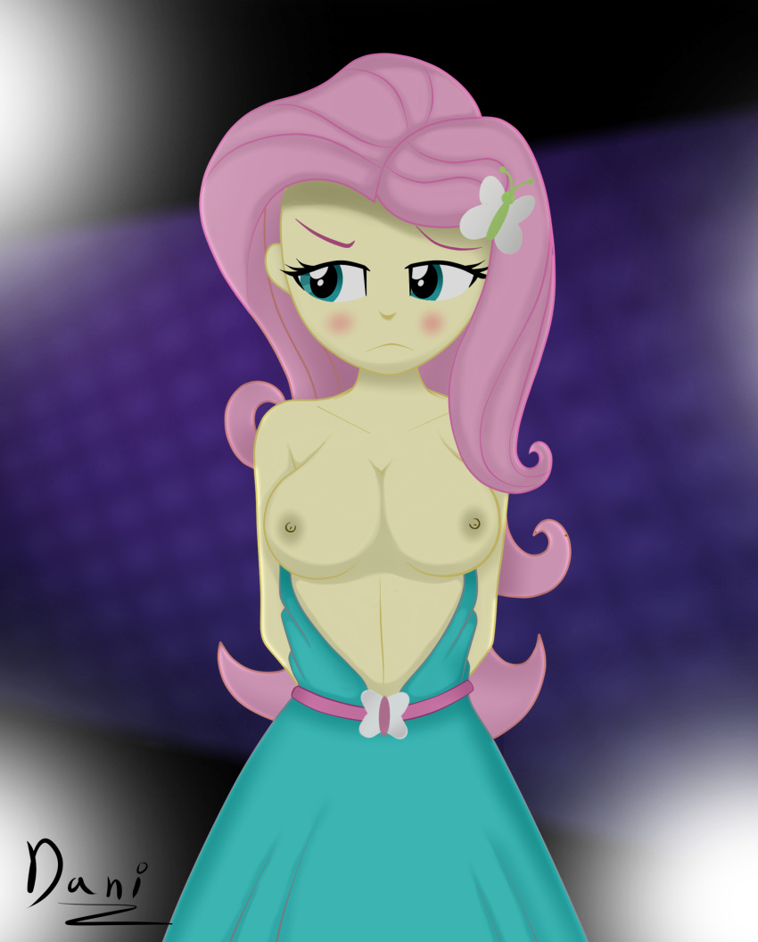 1girl blush breasts breasts_out_of_clothes danielita dress equestria_girls exposed_breasts female female_only fluttershy fluttershy_(mlp) friendship_is_magic long_hair my_little_pony no_bra partially_clothed solo standing