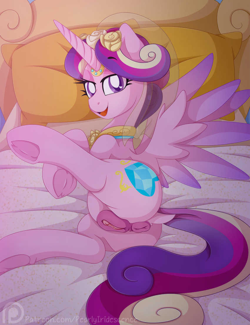 1girl alicorn anus ass bed bedroom bridal_veil cutie_mark female female_only friendship_is_magic horn looking_at_viewer lying my_little_pony nude pony princess_cadance pussy solo tail three-tone_hair wings