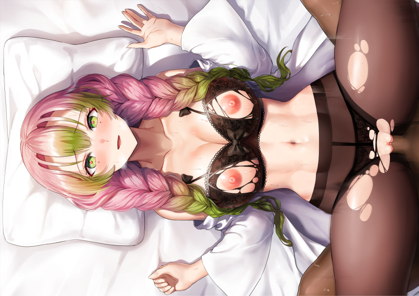 1boy 1girl abs big_breasts bra braided_hair breasts cleavage clothed_female clothing dark-skinned_male demon_slayer female_focus greem_bang green_bang green_hair haori heart-shaped_pupils high_res kanroji_mitsuri kimetsu_no_yaiba lingerie long_hair male male/female mature mature_female missionary missionary_position nipples open_mouth open_shirt panties pantyhose penetration penis pink_hair pov pussy see-through sex solo_focus spread_legs torn_clothes uncensored vaginal vaginal_penetration
