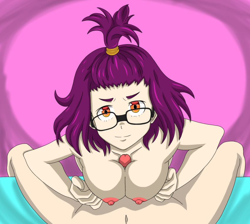 1boy 1girl bare_arms bare_breasts bare_shoulders bed bed_sheet big_breasts bones_(company) breasts erect_nipples glasses godzilla:_singular_point godzilla_(series) grin hands_on_own_breasts looking_at_viewer mei_kamino nipples nude nude_female orange_(company) orange_eyes paizuri purple_background purple_hair short_hair smile stomach toho_(film_company)