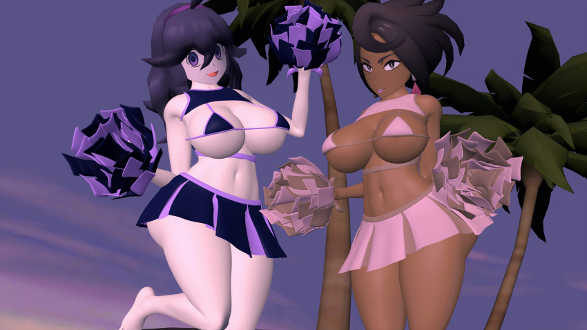 1girl 2_girls 3d alternate_breast_size ass big_breasts black_hair breasts cheerleader cheerleader_uniform dark_skin female_only grin hex_maniac long_hair looking_at_viewer mr_chazz80 nintendo olivia_(pokemon) pale_skin pokemon pokemon_sm pokemon_xy pom_poms posing purple_hair sexy sexy_clothes sexy_pose short_hair skirt thick_thighs