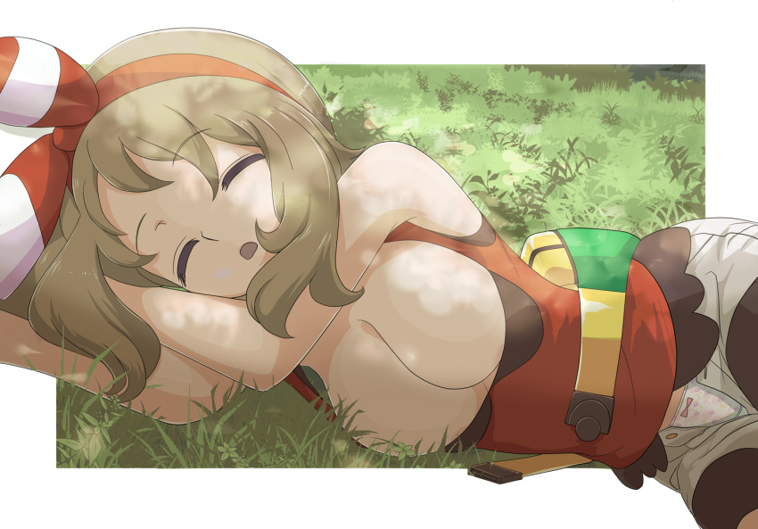 1girl bike_shorts bow bow_panties breasts brown_hair cleavage fanny_pack framed hair_ribbon haruka_(pokemon) haruka_(pokemon)_(remake) large_breasts makoto_daikichi on_grass open_clothes open_mouth open_shorts panties pokemon pokemon_(game) pokemon_oras print_panties ribbon shirt shorts sleeping sleeveless sleeveless_shirt solo two_side_up underwear white_panties