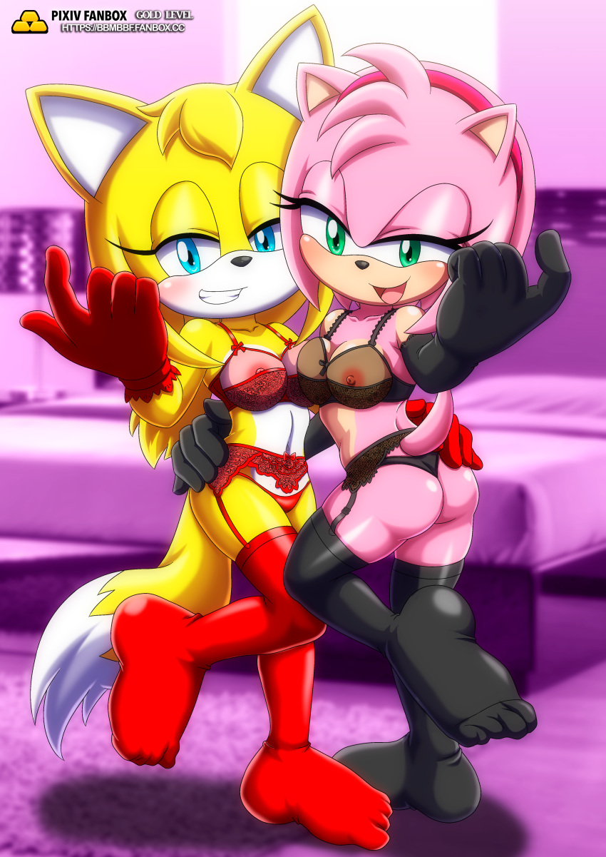 amy_rose asking_for_it bbmbbf lingerie looking_at_viewer mobius_unleashed palcomix seductive_smile sega sonic_(series) zooey_the_fox