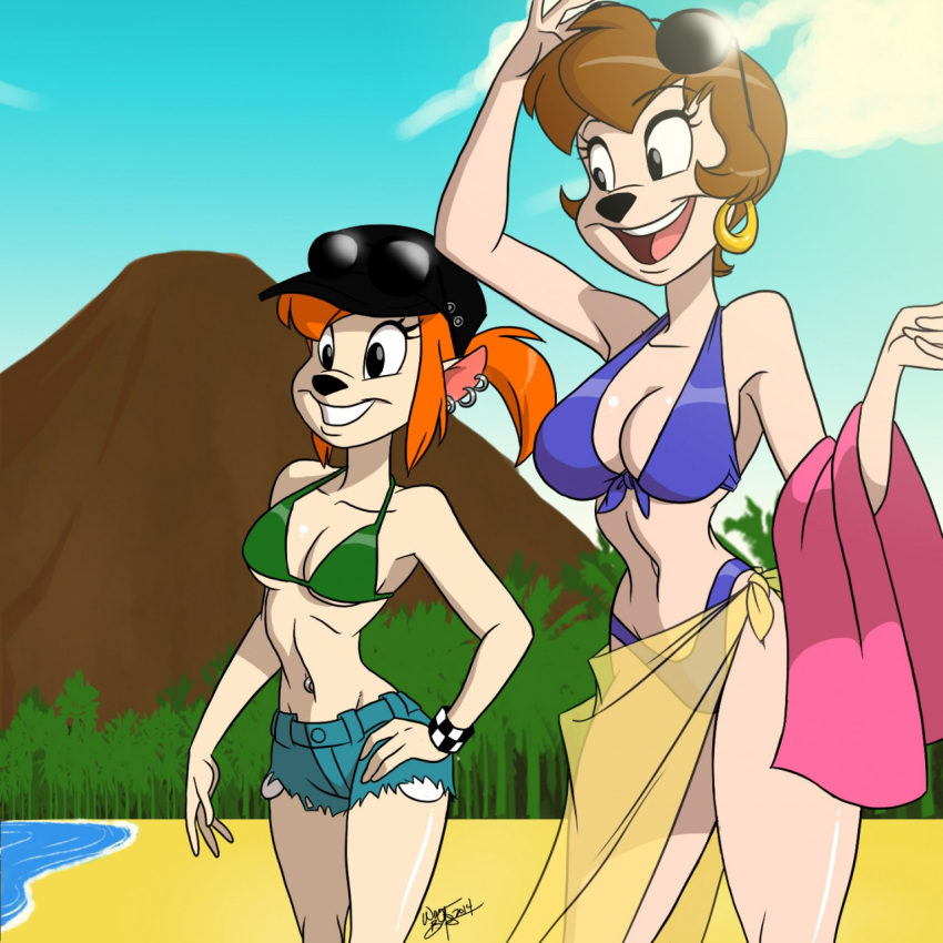 2014 aeolus anthro beach big_breasts bikini breasts cleavage clothed clothing disney female_only goof_troop milf mother_&amp;_daughter mother_and_daughter parent peg_pete pistol_pete seaside smile swimsuit