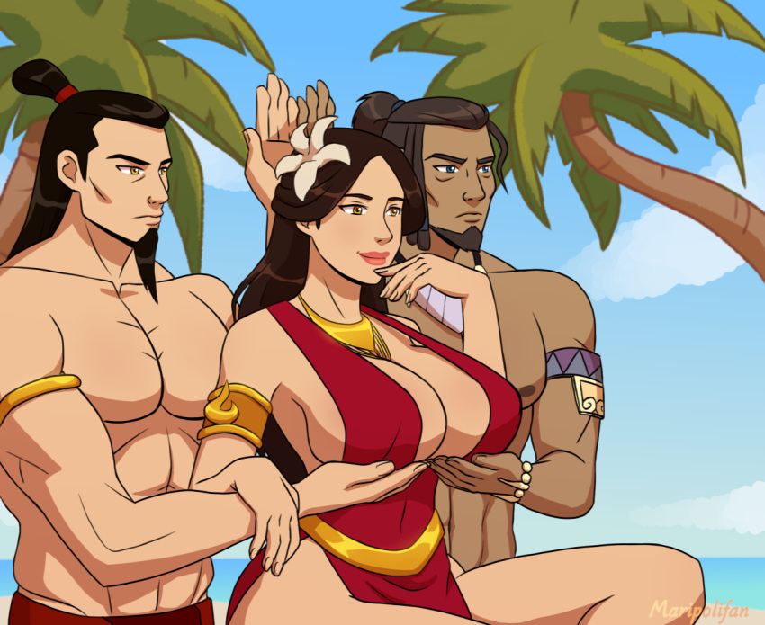 avatar:_the_last_airbender beach beard big_breasts bracelet cleavage deviantart facial_hair fire_nation flower flower_in_hair groping hakoda holding_breasts husband husband_and_wife jewelry long_hair maripoli married married_couple married_man married_woman meme muscular muscular_male outside ozai record_of_ragnarok royalty servants_holding_aphrodite's_breasts_(meme) shuumatsu_no_valkyrie suggestive summer tribal ursa_(avatar) water_tribe wife