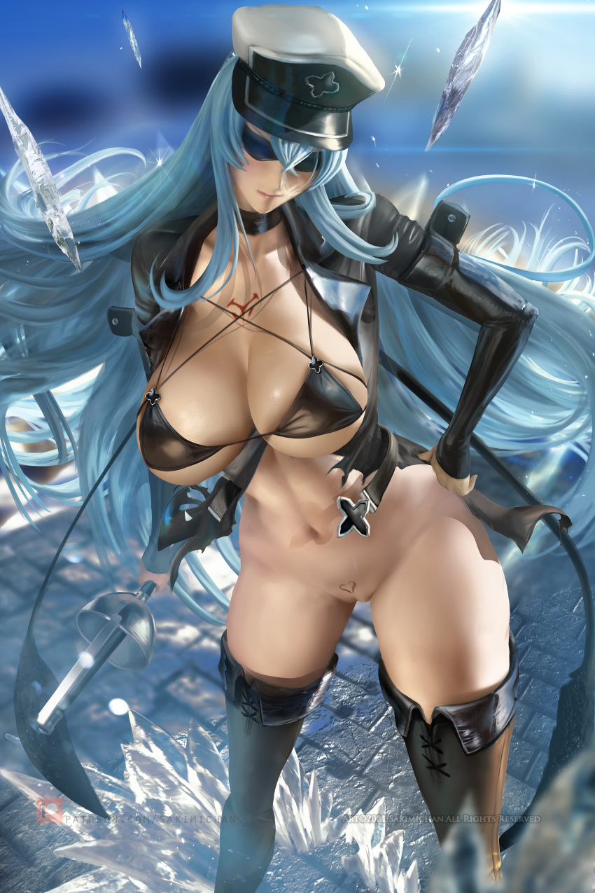 1girl akame_ga_kill! big_breasts blue_eyes chest_tattoo curvaceous curves curvy curvy_female esdeath esdeath_(akame_ga_kill!) high_res high_resolution huge_breasts human ice long_hair looking_at_viewer matching_hair/eyes military_uniform naughty_face realistic sakimichan standing
