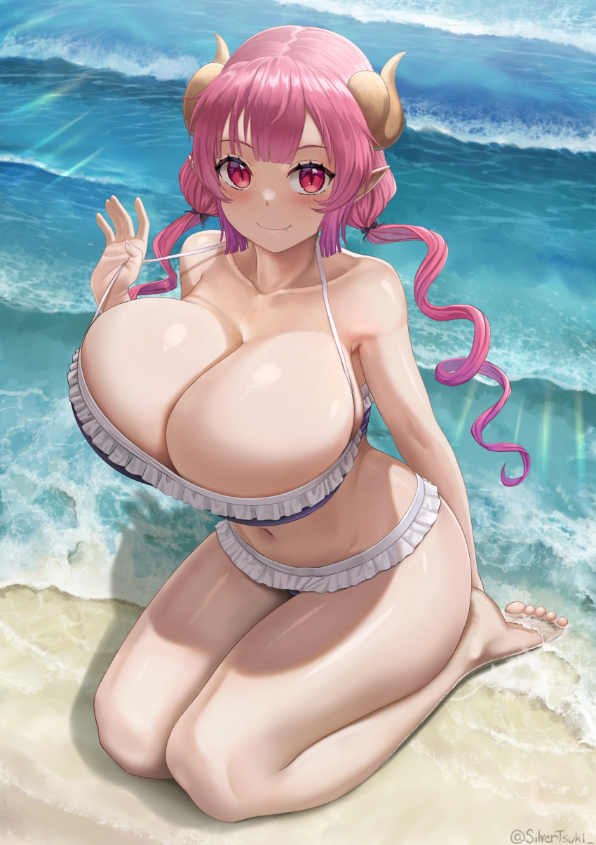 1girl 1girl beach big_breasts big_breasts bikini breasts clothed_female curvy dragon_girl fang female_focus female_only high_res horns huge_breasts ilulu_(dragon_maid) long_hair mature mature_female miss_kobayashi's_dragon_maid monster_girl pink_hair pointy_ears red_eyes shortstack silvertsuki solo_female solo_focus tagme water