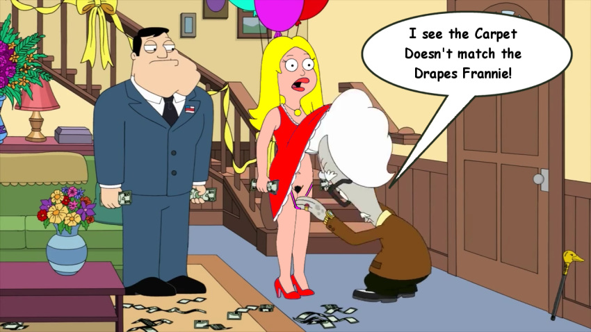 american_dad character_name francine_smith pubic_hair roger_(american_dad) speech_bubble stan_smith text upskirt