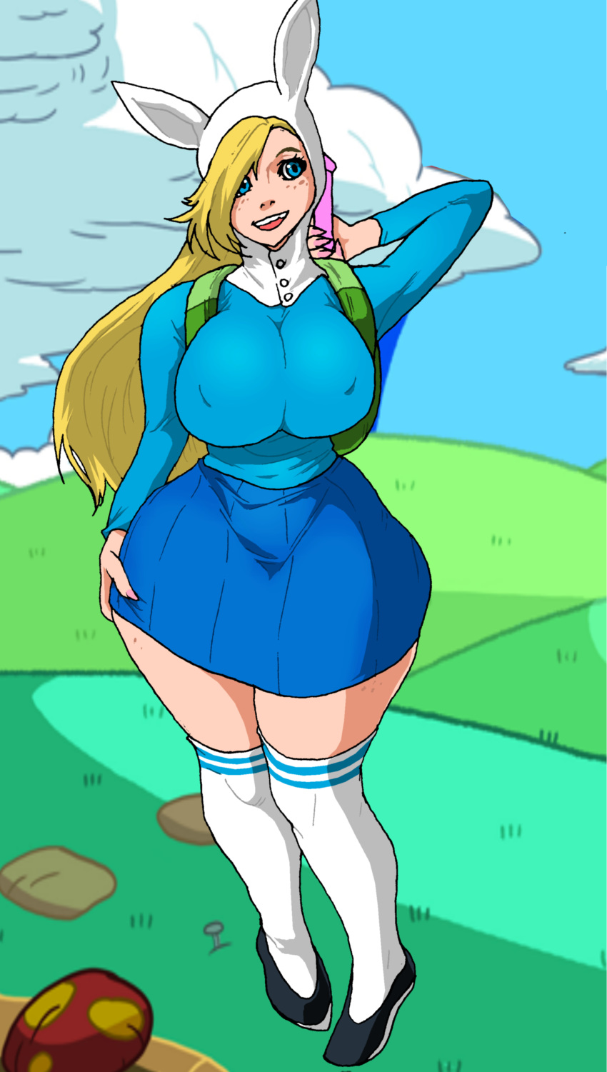 1girl adventure_time animal_hat ass big_ass blonde_hair blue_eyes breasts clothes female fionna_the_human genderswap happy jay-marvel solo wide_hips