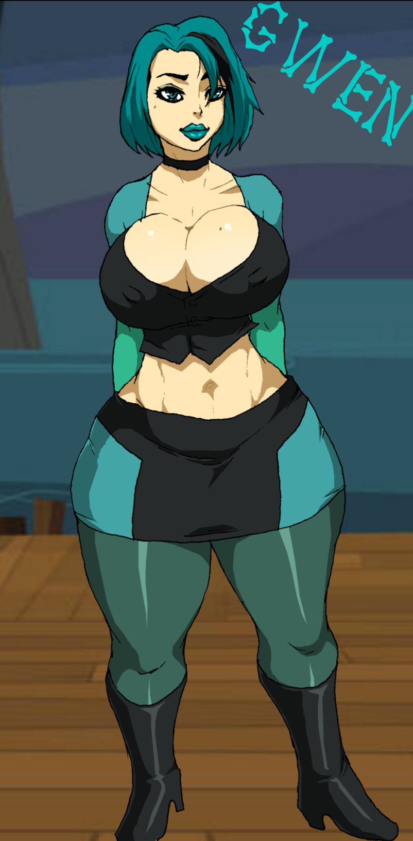 ass big_ass big_breasts black_eyes black_hair breasts cartoon_network dyed_hair goth green_hair gwen_(tdi) happy hips hourglass_figure jay-marvel lips nipples pale-skinned_female thick_ass thick_legs thick_thighs total_drama_island two_tone_hair wasp_waist wide_hips